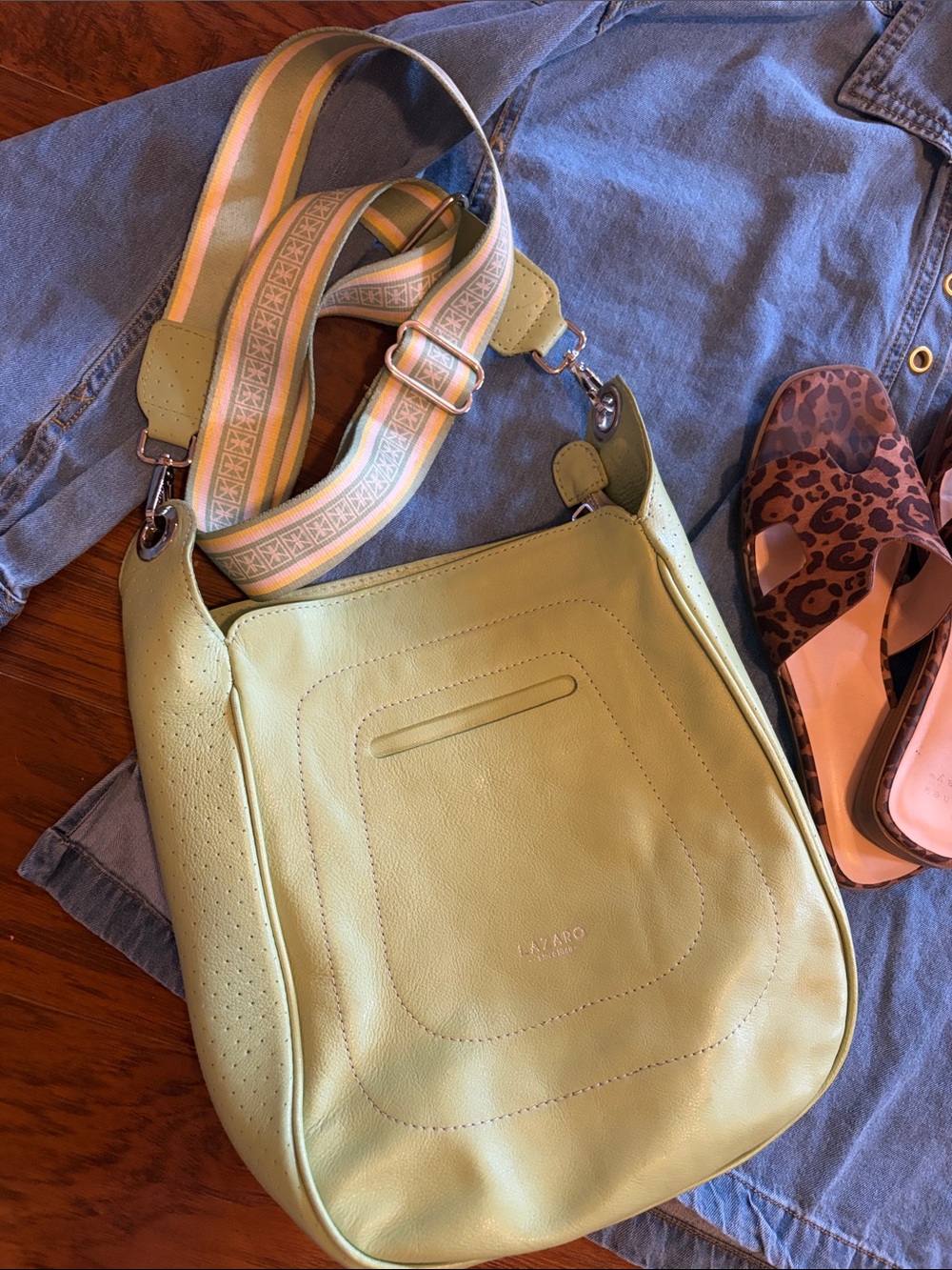 Lazaro Soft Leather Pistachio Lime Crossbody Bag with Adjustable Stripe Strap